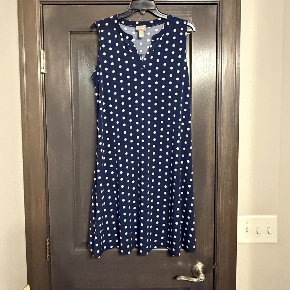 Chicos Navy Blue White Polka Dot Sleeveless Shift Dress Womens Size 1 Medium